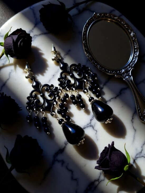 Artisan Jewelry - Devastatingly Sexy! Ornate & Opulent Black Onyx Chandelier Earrings - Edgy Goth!